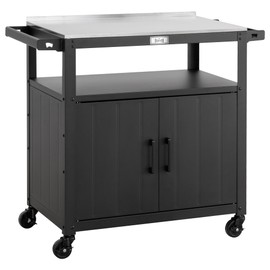 Outdoor Grill Cart with Stainless Steel Tabletop and Storage Cabinet, Movable Kitchen Island with Wheels for BBQ Food Prep, Black