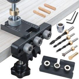 3-in-1 Dowel Jig Kit - Pocket Hole Jig with Adjustable Woodworking Drill Locator, 8/10/15mm Bits, Precision Guide for Furniture Assembly, DIY Projects, Durable Aluminum Alloy