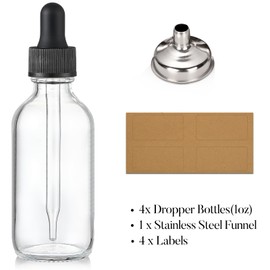 AOZITA Set of 4, 1 oz Clear Eye Dropper Bottles with 1 Stainless Steel Funnels & 4 Labels - Black Caps 30ml Thick Glass Tincture Bottles - Leakproof Essential Oils Bottles for Health, Personal Care & Beauty
