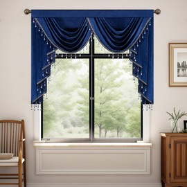 Leeva Royal Blue Velvet Valance Curtains for Windows, Vintage Waterfall Swag with Luxury Tassels, Rod Pocket Window Drapes for French Doors, 39"x43", European Home Decor