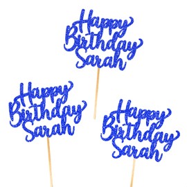 6X Personalised, Double Sided, Handmade Happy Birthday Glitter Cupcake Toppers by Cakeshop | Custom Colour Any Name 480gsm Glitter Cupcake Decorations | Blue