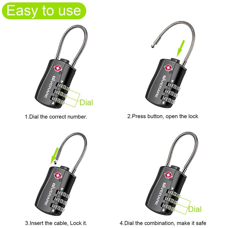 GIVERARE TSA Approved Luggage Locks, Combination Travel Cable Lock, Re-settable