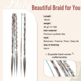 Boho Clip in Braid Hair Extensions for Women, 18" 2PC Handmade Synthetic Braided Hairpieces with Varied Boho Braids for Music Festival & Daily Styling (Sky Blue & Brown Highlights)