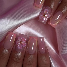 French Tip Press on Nails Medium Square Fake Nails with Design Glossy Pink Nail Tips Artificial Glue on Nails 3D Three Dimensional Striped Flower Acrylic Nails Reusable Stick on Nails for Women 24 Pcs