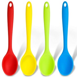 4 cucharas pequeñas de silicona multicolor antiadherentes de cocina, cuchara de servir de silicona para cocinar y mezclar herramientas (rojo oscuro, verde, amarillo, azul)