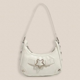 Women's PU Leather Shoulder Bag Fashion Metal Star Decor Handbag Convenient Tote Bag Shopping Purse - Color: White