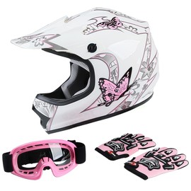 TCT-MOTORPARTS DOT Youth Kids Four Wheeler Girls Riding Helmets Motocross ATV Helmets Offroad Street Dirt Bike Go-Kart BMX MX Full Face Helmet Pink Butterfly X-Large Size
