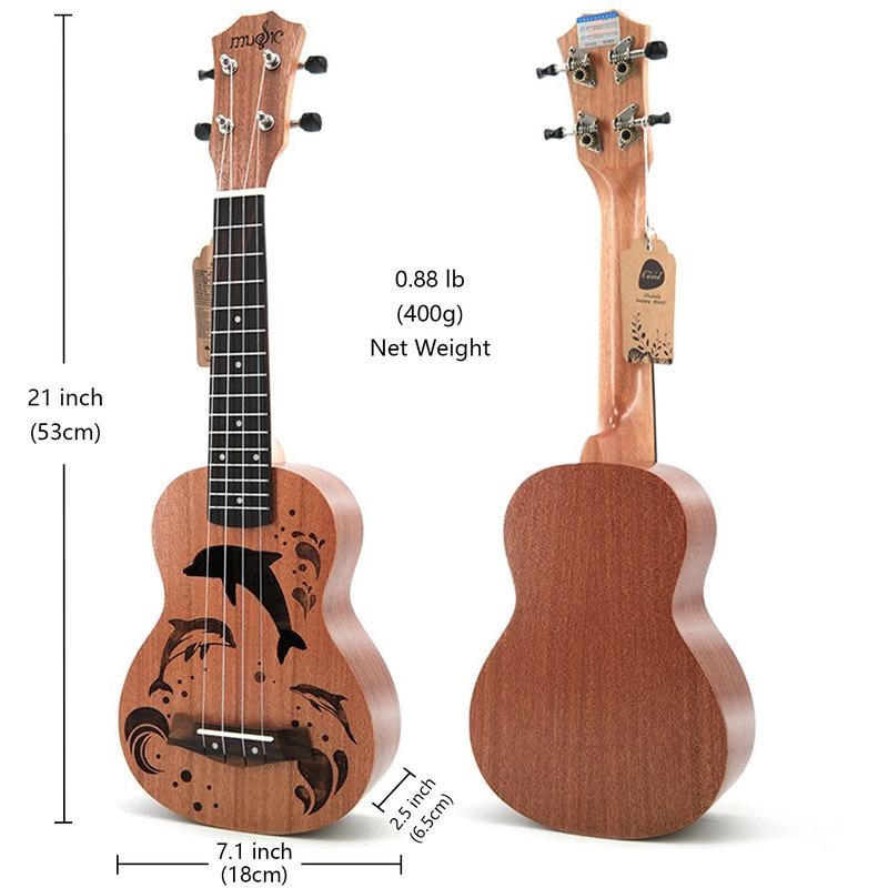 Dolphin/Bird Carved 21 inch Soprano Ukulele Sapele Wooden Small Hawaiian