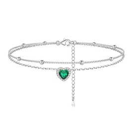 Silvora May Emerald Birthstone Silver Anklet - Month Charm Ankle Bracelet for Women Adjustable Foot Chain Anklet Summer Beach Jewelry