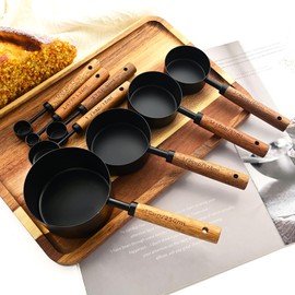 Uniturcky Measuring Cups and Spoons Set of 8, Matte Black Stainless Steel Nesting Kitchen Measuring Set, Wood Handle Dry and Liquid Measuring Cups, For Cooking and Baking