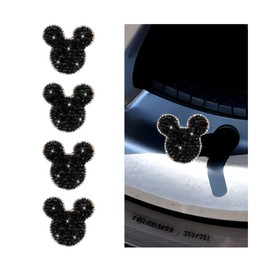 Bling Car Tire Valve Stem Caps, 4PCS Dustproof Crystal Rhinestone Mickey Vehicle Tyre Valve Stem Cover, Sparkling Attractive Auto Wheel Decoration Accessories, Universal Fit (Black)