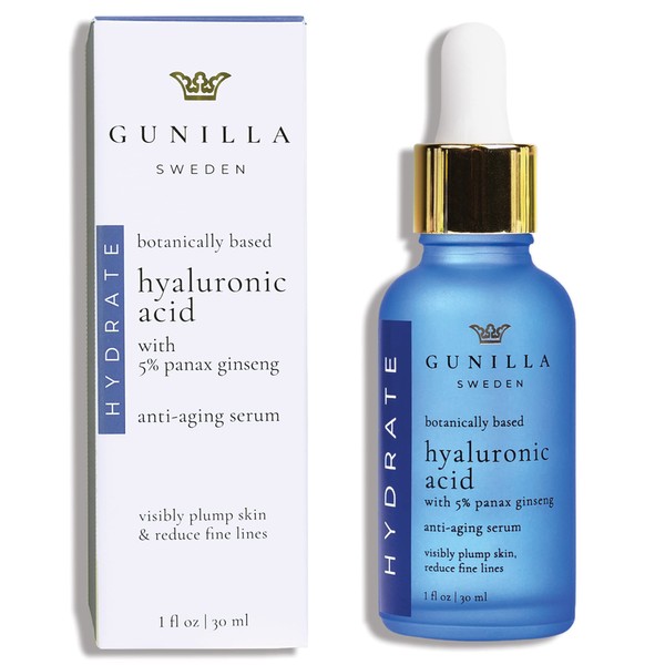 GUNILLA Hyaluronic Acid & Ginseng Serum, All-Day Hydration, Anti-Aging, Anti-Wrinkles, Plumping, 14 Actives, 98% Organic, Oil-Free, Lightweight for Glowing Complexion 1 oz