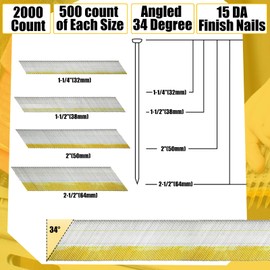 Zonon 15 Gauge Da Angled Finish Nails 34 Degree, 2000 Count 1-1/4", 1-1/2", 2", 2-1/2" 500 Per Sizes, Beveled Galvanized Project Pack for Electric Angled Finish Nailer Pneumatic, 4 Different Lengths