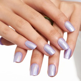 GLAMERMAID Laser Purple Press on Nails Short Square, Rainbow Color Donut Fake Nails Glossy Full Cover Glue on Nails with Design, Medium Chrome Acrylic Nails Art Stick on False Nails Manicure for Women