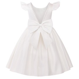 Uhnice Flower Girl Pearl Dress Flutter Sleeve V-Back Satin Dress with Bowknot for Wedding Birthday Party (Ivory, 100/3-4 Years)