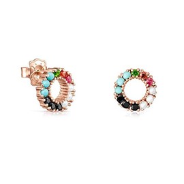 TOUS Aretes de Aros Pequeños de Plata Vermeil Rosa para Mujer con Cierre de Presión y Gemas, Plata de Ley 925 con Chapado de Oro, Colorido y Elegante, Colección Straight