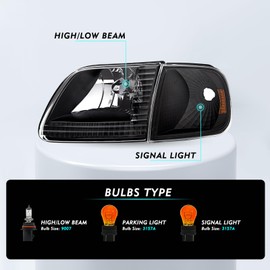 TUSDAR Headlight Assembly Compatible with 97-03 Ford F150 / 04 Ford Heritage / 97-02 Ford Expedition / 97-99 Ford F250 w/Corner Lights 4pcs, Black Housing with Amber Reflector