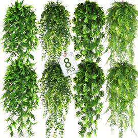 LZAAYNGS 8 Pack Artificial Hanging Plants Fake Greenery Plants Fake lvy Vine for Home Wall Garden Indoor Outdoor Decoration (31'' Faux Boston Ferns,Palm Leaves)