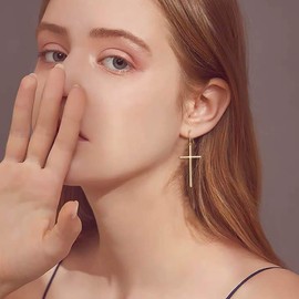 EVER FAITH 925 Sterling Silver Classic Dangle Hook Cross Earrings Golden Minimalist Church Jewelry for Women