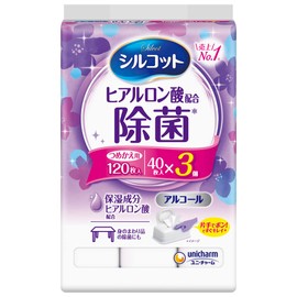 Silcot Disinfecting Wipes, Alcohol Type, Moisturizing Ingredient, Hyaluronic Acid, 40 Refills x 3 Packs (120 Sheets)