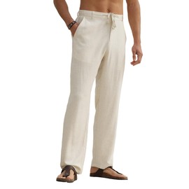 HOTake Men's Casual Linen Pants Drawsting Linen Dress Pants Loose Fit S Beige