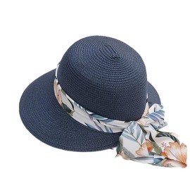 Women's Wide Brim Straw Hat – Vacation Sun Hat with Bowknot & Floral Ribbon | Adjustable Fit, Duckbill Brim, Navy Blue | Summer Travel Beach Hat (UK, Alpha, M, Navy)