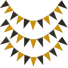 MerryNine Triangle Flag Bunting Banner, 3 Pack 30 Feet Vintage Style Pennant Banner for Wedding, Baby Shower, Event & Party Supplies 45pcs Flags (Triangle Flag - Black Gold Glitter)
