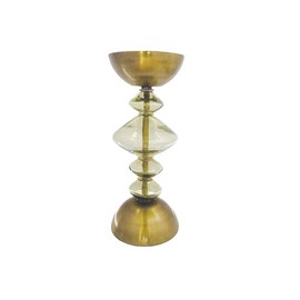 Bloomingville Reclaimed Glass and Metal Decorative Pillar Candle Holder, Gold and Green