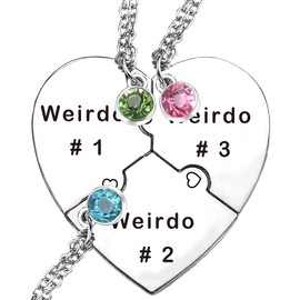Ximerinf Weirdo 1 Weirdo 2 Weirdo 3 Weirdo 4 Necklace Heart Bff Necklace for 4 Best Friend Necklaces for 3 Sister Friendship Stainless Steel Jewelry, Glass, Cubic Zirconia
