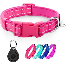 azuza Reflective Dog Collar with Airtag Holder, Soft Neoprene Padded Pet Collar with ID Tag Ring, Adjustable for Large Dogs,Hot Pink,L