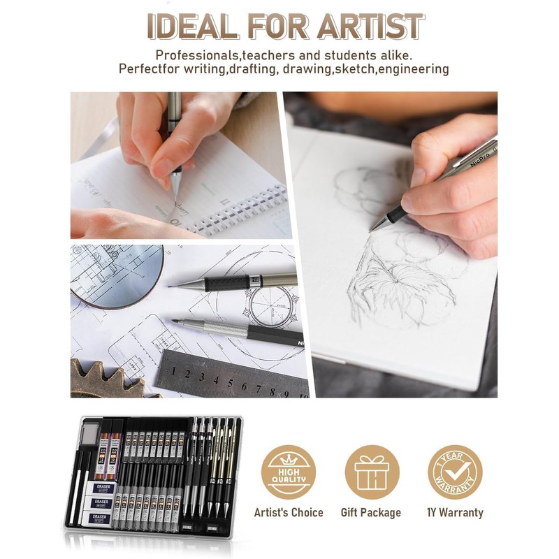 Nicpro 35PCS Gold Art Mechanical Pencils Set, 3 PCS Metal