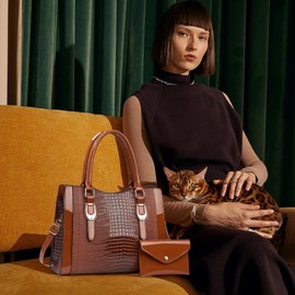 NICOLE & DORIS Women's Handbags Tote Bag Patent Leather Handbag and Purse Set Top Handle Bag Fashion Shoulder Bags Crossbody Bag for Work Travel Shopping Brown