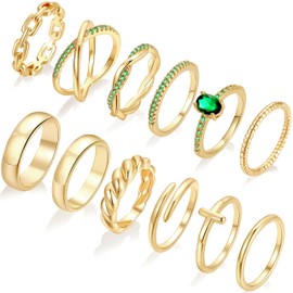 FAXHION 12 PCS Dainty 14K Gold Rings for Women, Eternity Open Chunky Twist Simulated Diamond Criss Cross Designs, Non Tarnish Gold Plated Stacking Thumb Ring, Perfect for Wedding Bands Size 5-11