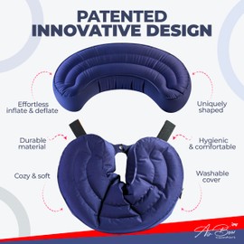 Air Bow Comfortable Travel Pillow - Airplane Pillow for Head, Neck, & Chin Rest, Inflatable & Soft Neck Pillow - Durable Material with Hygienic & Washable Cover, Easy to Inflate & Deflate (Blue)