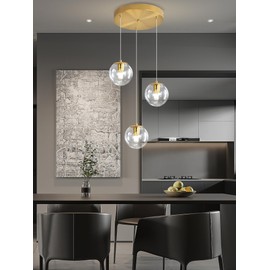 ykolupty 3-Light Modern Gold Pendant Light Hanging Fixture Light for Kitchen Island Mid Century Globe Pendant Light Glass Chandelier for Living Room Bedroom Entryway