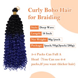 S-noilite Curly Braiding Hair,Marlybob Crochet Braids Hair Extensions 14 Inch Deep Wave Afro Kinky Jerry Curl Pre Stretched Ombre Braiding Hairpiece for Black Women,1 Pack 100g,Black to Dark Blue