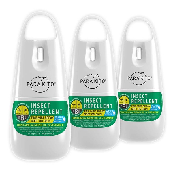 PARAKITO Mosquito, Ticks & Insect Spray- DEET Free, Citronella Essential Oil, Water & Sweat Resistant, Mosquito Bite Protection in Camping, Hiking, Travel Outdoor Activities (2.2oz (3 Pack))