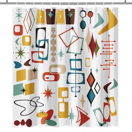 Lindarmeler Vintage Mid Century Modern Shower Curtain Abstract Geometric Bathroom Curtain Boho Retro Classic 1950s Bath Curtain Fabric Washable Waterproof Bathroom Decor 12 Hooks (White, 72x72inch)