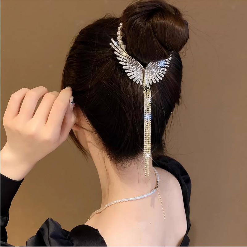 Rannyrena Pearls Tassel Rhinestone Ponytail Claw Clip for Women Crystal