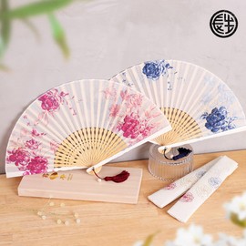 Osaka Choseido Folding Fan, Women's, Stylish, Business, Folding Bag, Handkerchief Included, Peony, blue