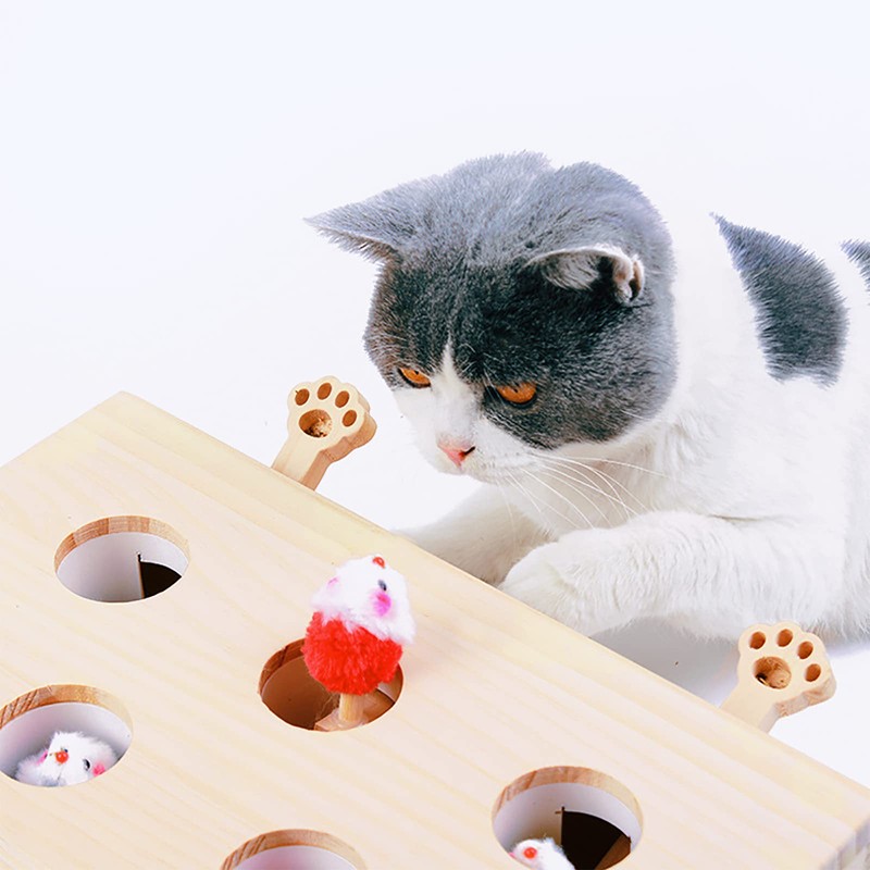Interactive Wooden Whack-A-Mole Cat Toy, Engaging and Durable Play for