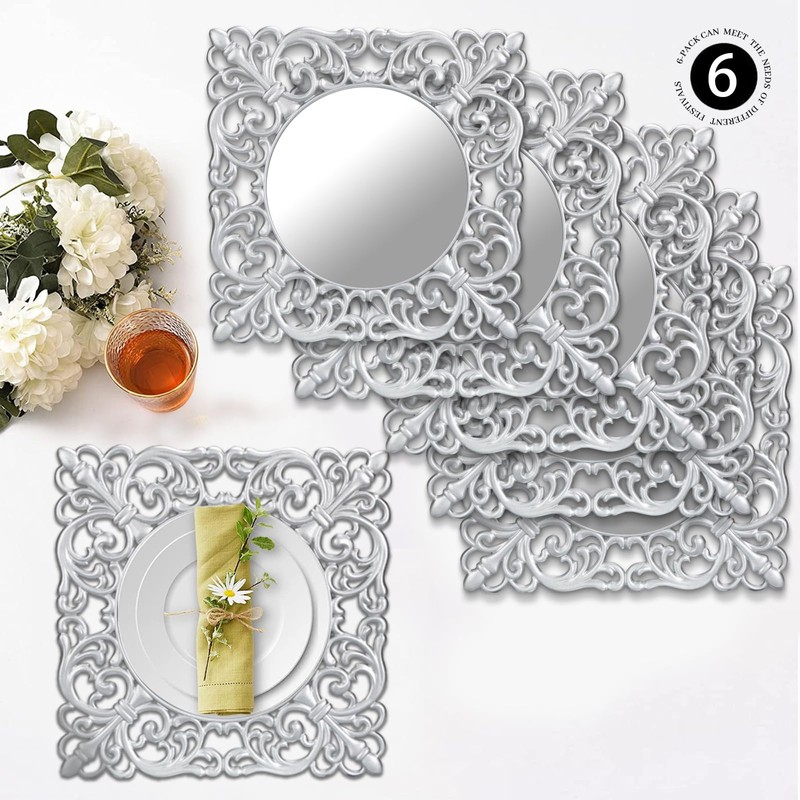 MAONAME 12" Silver Charger Plates Set of 6, Mirror Charger