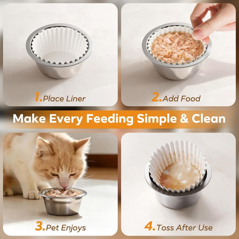 300 Pack Disposable Cat Bowl Liners with 2 Stainless Steel