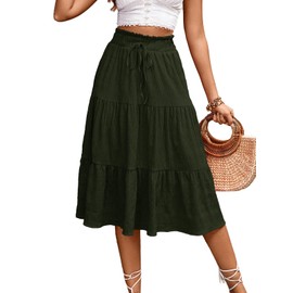 HELYO Women's Casual Summer Skirt 626s Boho Elastic Waisted Flowy Drawstring Ruched A Line Tiered Midi Dress Skirt 626 Army Green S
