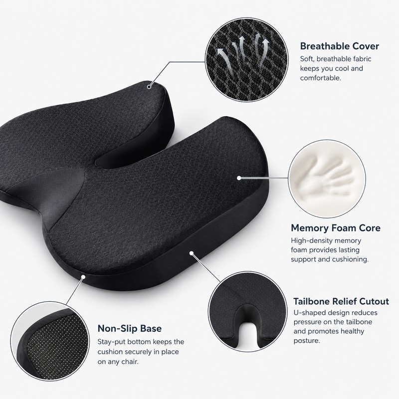 Memory Foam Seat Cushion for Office Chairs – Non-Slip U-Shaped