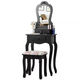 Costway Vanity Compact Makeup Dressing Table Stool Set Jewelry Desk Drawer Mirror Black