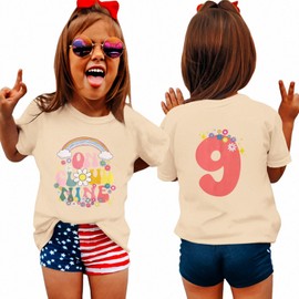 GLIGLITTR On Cloud Nine Birthday Girl Shirt 9th Girls Birthday Outfits Rainbow Kids 9 Year Old Tshirt Birthday Party Tee Tops(Apricot,9years)