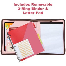 Pink Trapper Keeper Binder Leather Business Portfolio with Zipper, Detachable 3 Ring Binder with Storage Clipboard, Fits Letter Size Paper, with Refillable Notepad, 5 Extra Folder Fivider Pages