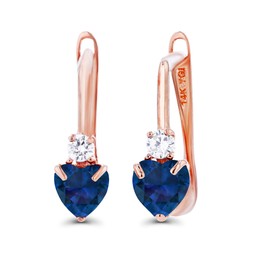 Solid 14K Rose Gold 4mm Heart Created Blue Sapphire September Birthstone Huggie Earrings For Women & Created White Sapphire Latchback Earrings For Women