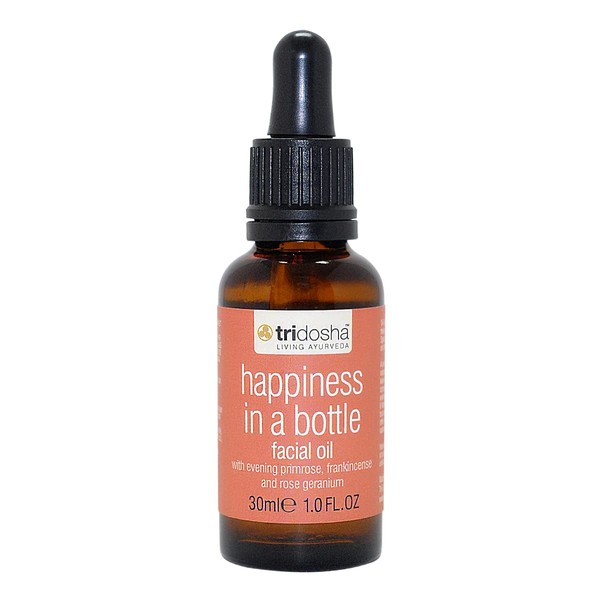 Tri-Dosha Living Ayurveda Facial Oil, Happiness in a Bottle 30ml - Vegan - Deeply Nourish, Smooth & Hydrate Your Face - Primrose, Frankincense, Rose Geranium Essential Oils - All-Natural Ingredients